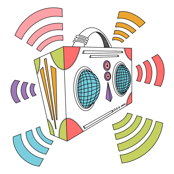 Drawing of a radio with sound lines around it